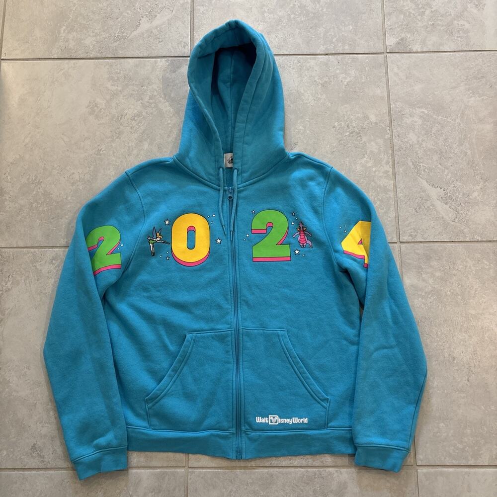 2024 Walt Disney World Figment Tinkerbell Blue Zip Up Hoodie Sweatshirt Size L